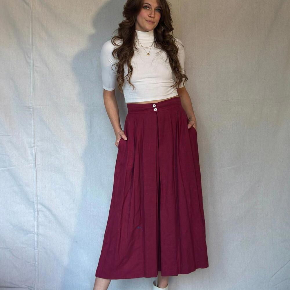 70s Burgundy Pleated Midi Skirt - Picture 2 of 12